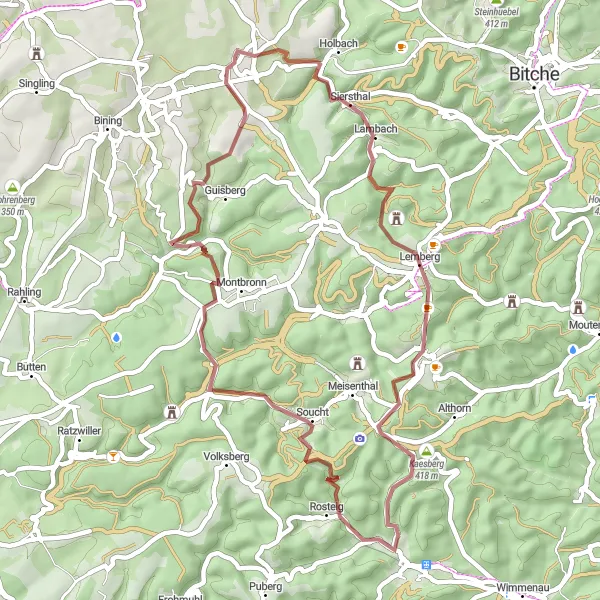 Map miniature of "The Gravel Adventure" cycling inspiration in Lorraine, France. Generated by Tarmacs.app cycling route planner