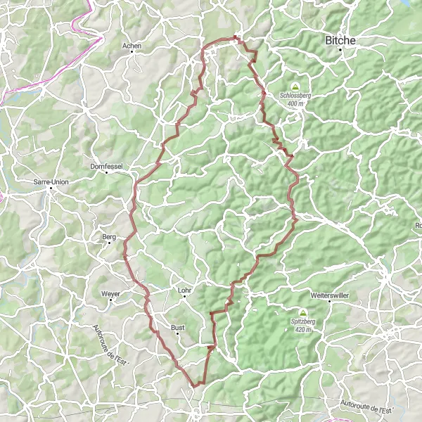 Map miniature of "Scenic Gravel Expedition" cycling inspiration in Lorraine, France. Generated by Tarmacs.app cycling route planner