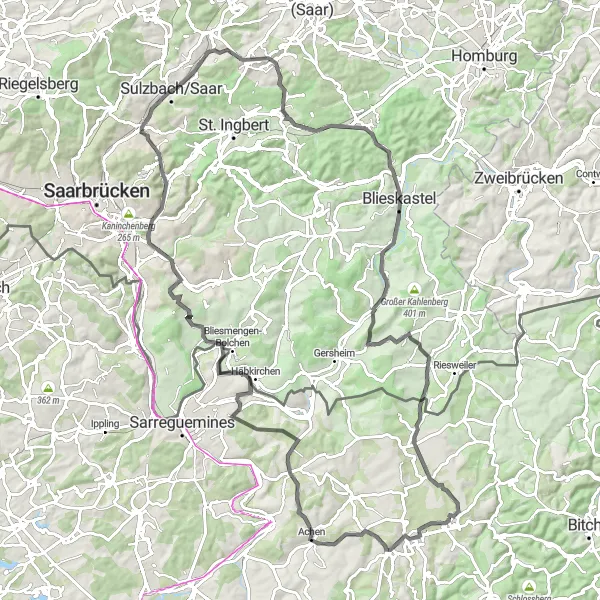 Map miniature of "The Richness of Rimesberg" cycling inspiration in Lorraine, France. Generated by Tarmacs.app cycling route planner