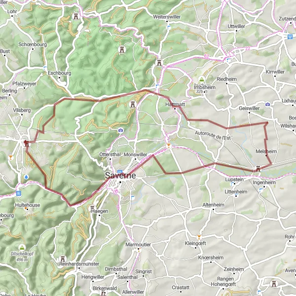 Miniature de la carte de l'inspiration cycliste "Circuit de Boucle des Châteaux de Lorraine" dans la Lorraine, France. Générée par le planificateur d'itinéraire cycliste Tarmacs.app