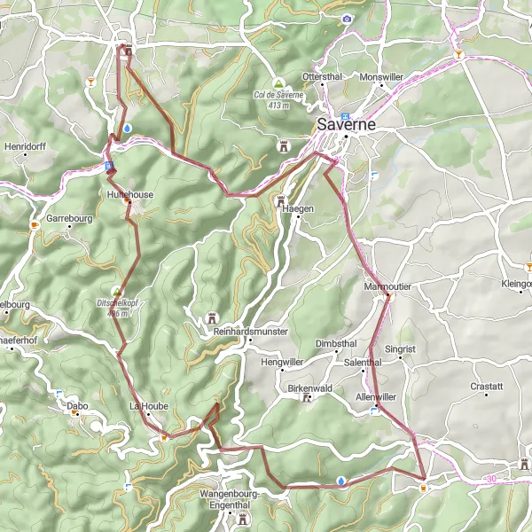 Map miniature of "Challenging Gravel Cycling Route from Phalsbourg" cycling inspiration in Lorraine, France. Generated by Tarmacs.app cycling route planner