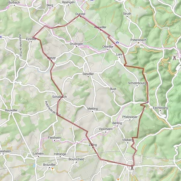 Map miniature of "The Challenging Gravel Route" cycling inspiration in Lorraine, France. Generated by Tarmacs.app cycling route planner