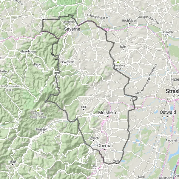 Miniature de la carte de l'inspiration cycliste "Parcours de cyclisme Les Vignobles d'Alsace" dans la Lorraine, France. Générée par le planificateur d'itinéraire cycliste Tarmacs.app