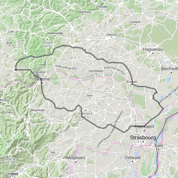 Miniature de la carte de l'inspiration cycliste "Parcours de cyclisme Vers les Vosges du Nord" dans la Lorraine, France. Générée par le planificateur d'itinéraire cycliste Tarmacs.app