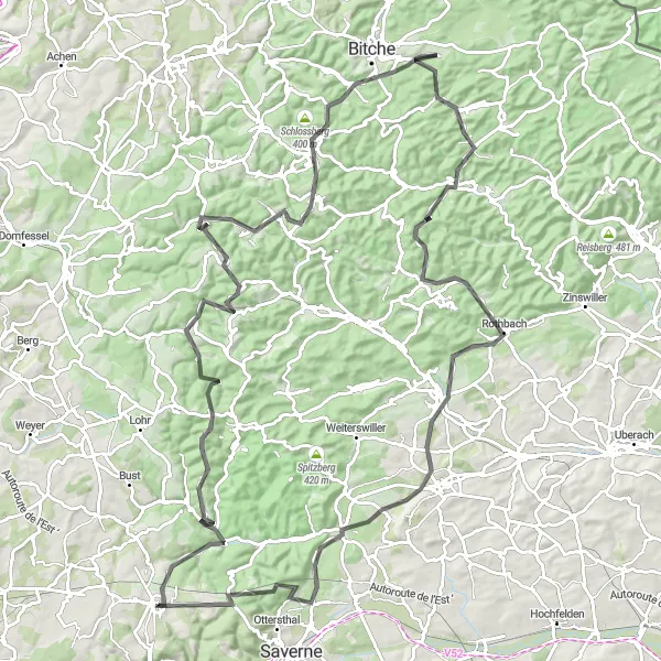 Map miniature of "Road Cycling Route from Phalsbourg" cycling inspiration in Lorraine, France. Generated by Tarmacs.app cycling route planner