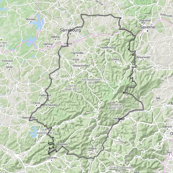 Map miniature of "Adventure in the Vosges" cycling inspiration in Lorraine, France. Generated by Tarmacs.app cycling route planner