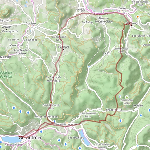Miniature de la carte de l'inspiration cycliste "Parcours Gravel des Hautes Vosges" dans la Lorraine, France. Générée par le planificateur d'itinéraire cycliste Tarmacs.app