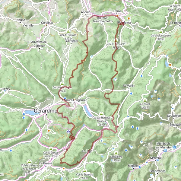 Miniature de la carte de l'inspiration cycliste "Tour des Hautes Vosges en Gravel" dans la Lorraine, France. Générée par le planificateur d'itinéraire cycliste Tarmacs.app