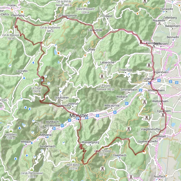 Miniature de la carte de l'inspiration cycliste "Tour des Vosges Centrales en Gravel" dans la Lorraine, France. Générée par le planificateur d'itinéraire cycliste Tarmacs.app