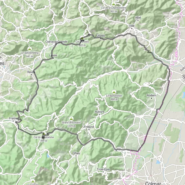 Miniature de la carte de l'inspiration cycliste "Randonnée Route à travers les Vosges" dans la Lorraine, France. Générée par le planificateur d'itinéraire cycliste Tarmacs.app