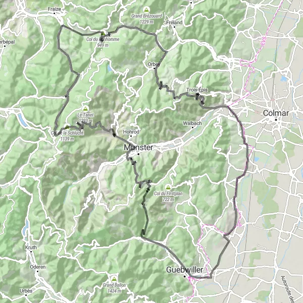 Miniature de la carte de l'inspiration cycliste "Circuit Routier des Vosges" dans la Lorraine, France. Générée par le planificateur d'itinéraire cycliste Tarmacs.app