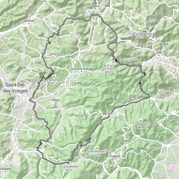 Miniature de la carte de l'inspiration cycliste "Défi des Cols Vosgiens" dans la Lorraine, France. Générée par le planificateur d'itinéraire cycliste Tarmacs.app