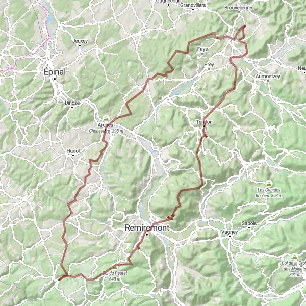 Miniature de la carte de l'inspiration cycliste "Parcours à Vélo Gravel autour de Plombières-les-Bains" dans la Lorraine, France. Générée par le planificateur d'itinéraire cycliste Tarmacs.app