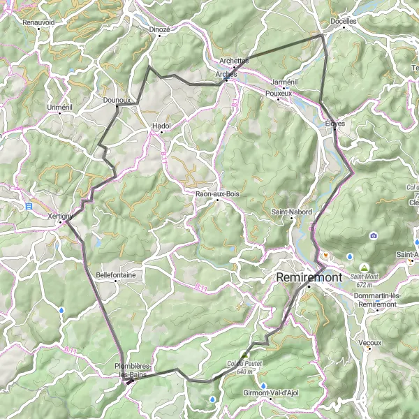 Map miniature of "Plombières-les-Bains Road Cycling Route" cycling inspiration in Lorraine, France. Generated by Tarmacs.app cycling route planner