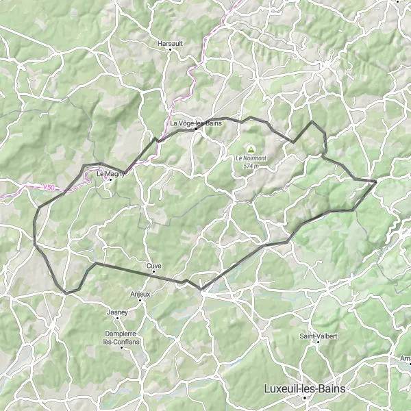 Map miniature of "Scenic Road Journey" cycling inspiration in Lorraine, France. Generated by Tarmacs.app cycling route planner