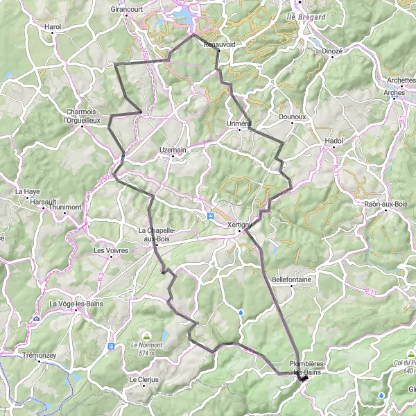 Miniature de la carte de l'inspiration cycliste "Parcours panoramique autour de Plombières-les-Bains" dans la Lorraine, France. Générée par le planificateur d'itinéraire cycliste Tarmacs.app