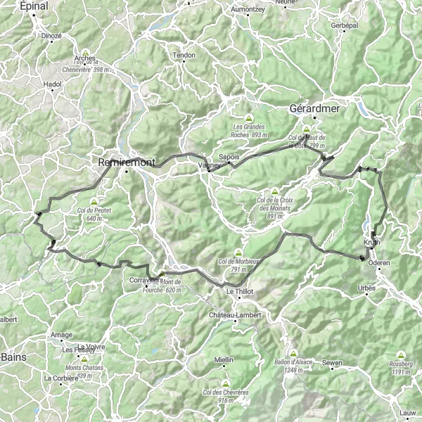 Miniature de la carte de l'inspiration cycliste "Défi montagneux autour de Plombières-les-Bains" dans la Lorraine, France. Générée par le planificateur d'itinéraire cycliste Tarmacs.app