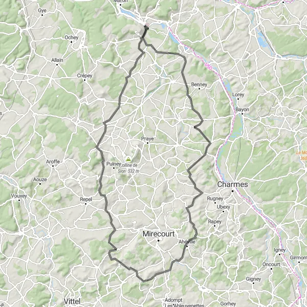 Miniature de la carte de l'inspiration cycliste "Boucle des Collines de Meurthe-et-Moselle" dans la Lorraine, France. Générée par le planificateur d'itinéraire cycliste Tarmacs.app