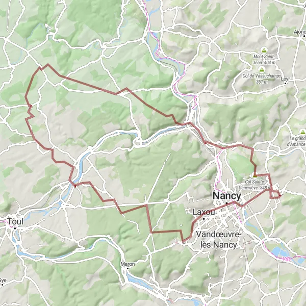 Miniature de la carte de l'inspiration cycliste "Boucle Gravel de Pulnoy à Dommartemont" dans la Lorraine, France. Générée par le planificateur d'itinéraire cycliste Tarmacs.app