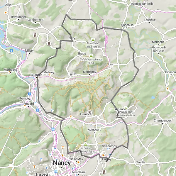 Miniature de la carte de l'inspiration cycliste "Boucle Road de Pulnoy à Seichamps" dans la Lorraine, France. Générée par le planificateur d'itinéraire cycliste Tarmacs.app