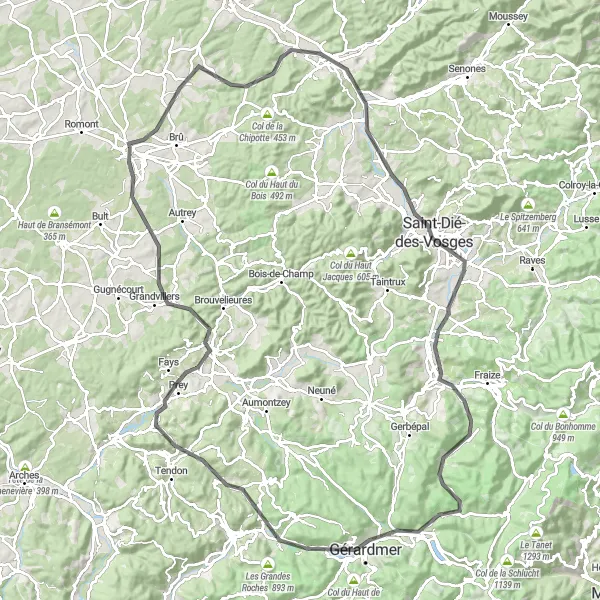 Map miniature of "Valleys and Peaks" cycling inspiration in Lorraine, France. Generated by Tarmacs.app cycling route planner