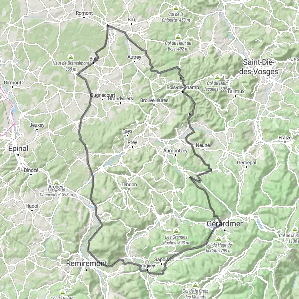 Miniature de la carte de l'inspiration cycliste "Le Grand Tour des Vosges" dans la Lorraine, France. Générée par le planificateur d'itinéraire cycliste Tarmacs.app