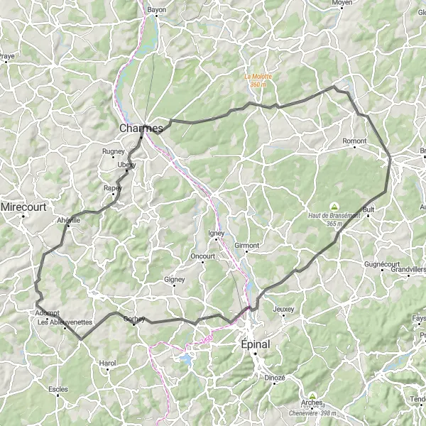 Map miniature of "Challenging Hills and Scenic Villages" cycling inspiration in Lorraine, France. Generated by Tarmacs.app cycling route planner