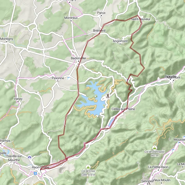 Map miniature of "Gravel Adventure in Badonviller" cycling inspiration in Lorraine, France. Generated by Tarmacs.app cycling route planner