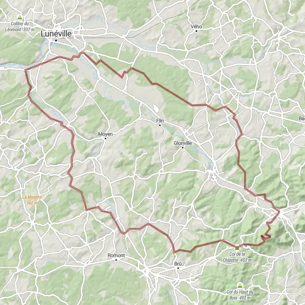 Miniature de la carte de l'inspiration cycliste "Tour Épique autour de Raon-l'Étape" dans la Lorraine, France. Générée par le planificateur d'itinéraire cycliste Tarmacs.app