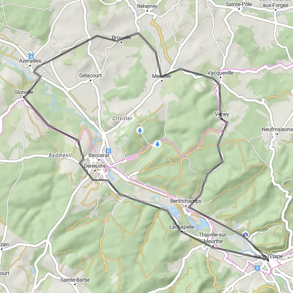 Miniature de la carte de l'inspiration cycliste "Parcours pittoresque vers Azerailles et Bertrichamps" dans la Lorraine, France. Générée par le planificateur d'itinéraire cycliste Tarmacs.app