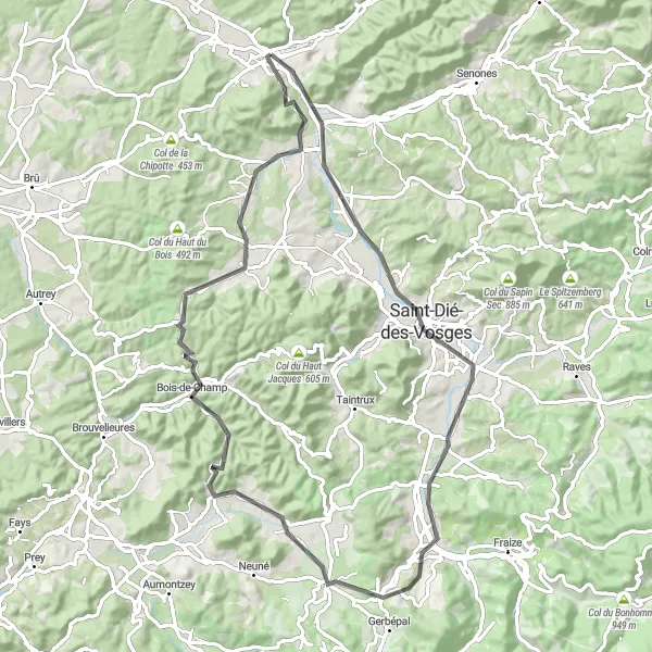 Miniature de la carte de l'inspiration cycliste "Les collines verdoyantes autour de Raon-l'Étape" dans la Lorraine, France. Générée par le planificateur d'itinéraire cycliste Tarmacs.app
