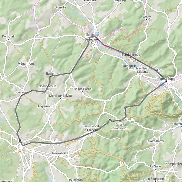 Miniature de la carte de l'inspiration cycliste "Boucle de la Chipotte et Rambervillers" dans la Lorraine, France. Générée par le planificateur d'itinéraire cycliste Tarmacs.app