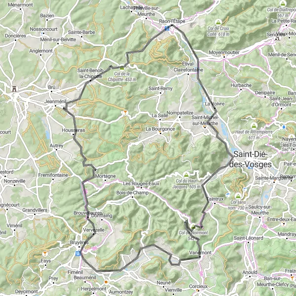 Miniature de la carte de l'inspiration cycliste "Les routes sinueuses à travers la campagne lorraine" dans la Lorraine, France. Générée par le planificateur d'itinéraire cycliste Tarmacs.app