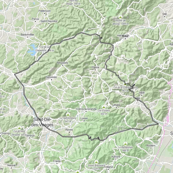 Miniature de la carte de l'inspiration cycliste "La route panoramique à travers les montagnes" dans la Lorraine, France. Générée par le planificateur d'itinéraire cycliste Tarmacs.app