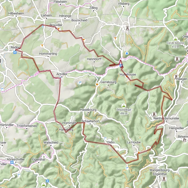 Miniature de la carte de l'inspiration cycliste "Les collines de la Lorraine" dans la Lorraine, France. Générée par le planificateur d'itinéraire cycliste Tarmacs.app
