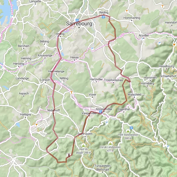 Miniature de la carte de l'inspiration cycliste "Parcours pittoresque autour de Réding" dans la Lorraine, France. Générée par le planificateur d'itinéraire cycliste Tarmacs.app