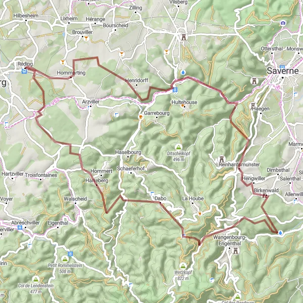 Map miniature of "Slacklining and mountain biking in Henridorff" cycling inspiration in Lorraine, France. Generated by Tarmacs.app cycling route planner