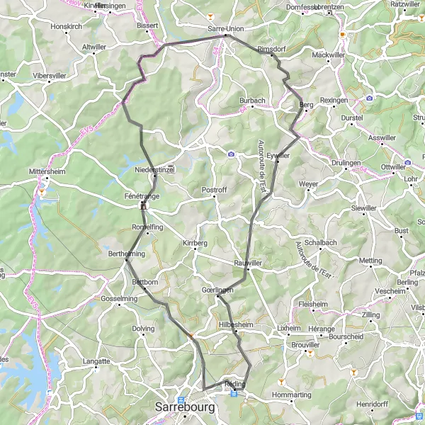 Miniature de la carte de l'inspiration cycliste "Boucle à Berthelming - Eywiller" dans la Lorraine, France. Générée par le planificateur d'itinéraire cycliste Tarmacs.app