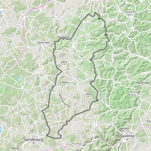 Miniature de la carte de l'inspiration cycliste "Parcours Gœrlingen - Brouviller" dans la Lorraine, France. Générée par le planificateur d'itinéraire cycliste Tarmacs.app