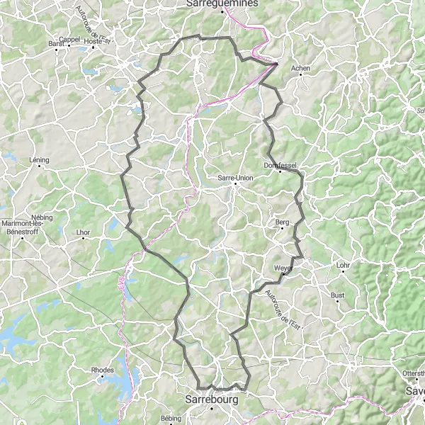 Map miniature of "The Hills and Valleys of Lorraine" cycling inspiration in Lorraine, France. Generated by Tarmacs.app cycling route planner