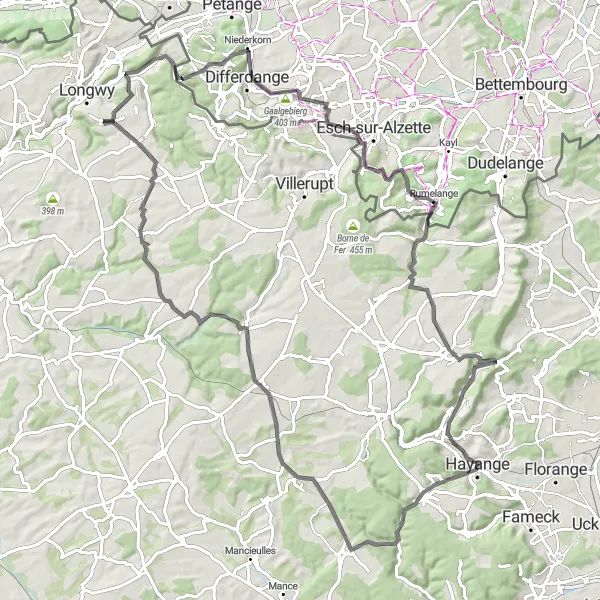 Map miniature of "Alzette Valley Adventure" cycling inspiration in Lorraine, France. Generated by Tarmacs.app cycling route planner