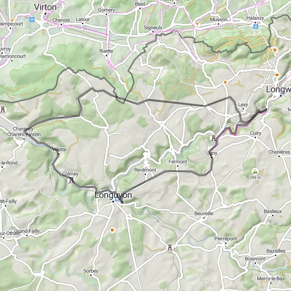 Miniature de la carte de l'inspiration cycliste "Boucle pittoresque entre Réhon et Lexy" dans la Lorraine, France. Générée par le planificateur d'itinéraire cycliste Tarmacs.app