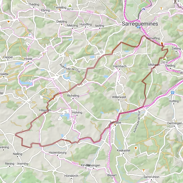 Miniature de la carte de l'inspiration cycliste "Circuit de Siltzheim et Hilsprich" dans la Lorraine, France. Générée par le planificateur d'itinéraire cycliste Tarmacs.app