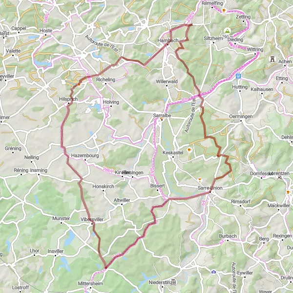 Map miniature of "Historic Gravel Ride through Rural Villages" cycling inspiration in Lorraine, France. Generated by Tarmacs.app cycling route planner