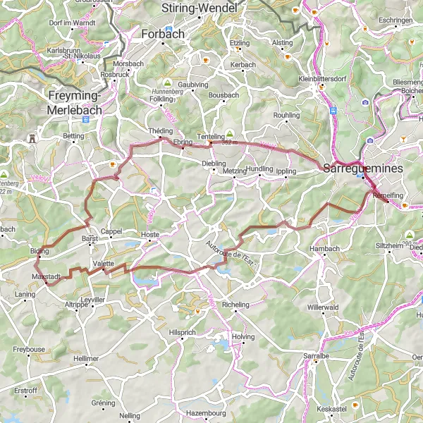 Miniature de la carte de l'inspiration cycliste "Exploration d'Ernestviller à Rémelfing" dans la Lorraine, France. Générée par le planificateur d'itinéraire cycliste Tarmacs.app