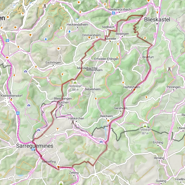 Miniature de la carte de l'inspiration cycliste "Parcours Sarreguemines - Sarreinsming" dans la Lorraine, France. Générée par le planificateur d'itinéraire cycliste Tarmacs.app