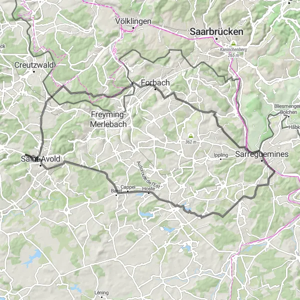 Miniature de la carte de l'inspiration cycliste "Route de Neufgrange à Rémelfing" dans la Lorraine, France. Générée par le planificateur d'itinéraire cycliste Tarmacs.app