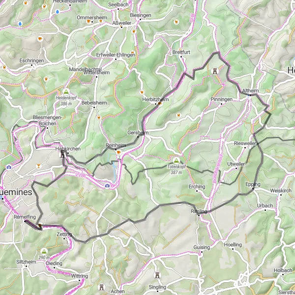 Miniature de la carte de l'inspiration cycliste "Boucle cycliste autour de Sarreinsming" dans la Lorraine, France. Générée par le planificateur d'itinéraire cycliste Tarmacs.app