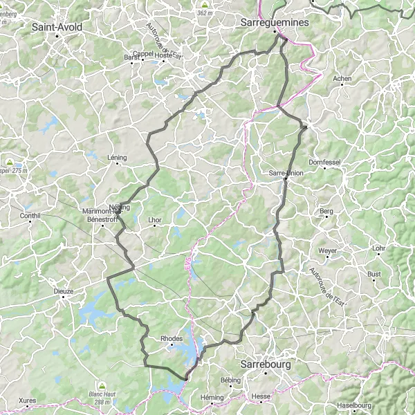 Miniature de la carte de l'inspiration cycliste "Boucle à vélo depuis Rémelfing via Dolving" dans la Lorraine, France. Générée par le planificateur d'itinéraire cycliste Tarmacs.app