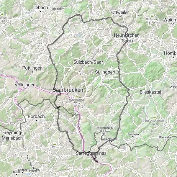 Miniature de la carte de l'inspiration cycliste "Tour à vélo entre Lixing-lès-Rouhling et Rémelfing" dans la Lorraine, France. Générée par le planificateur d'itinéraire cycliste Tarmacs.app